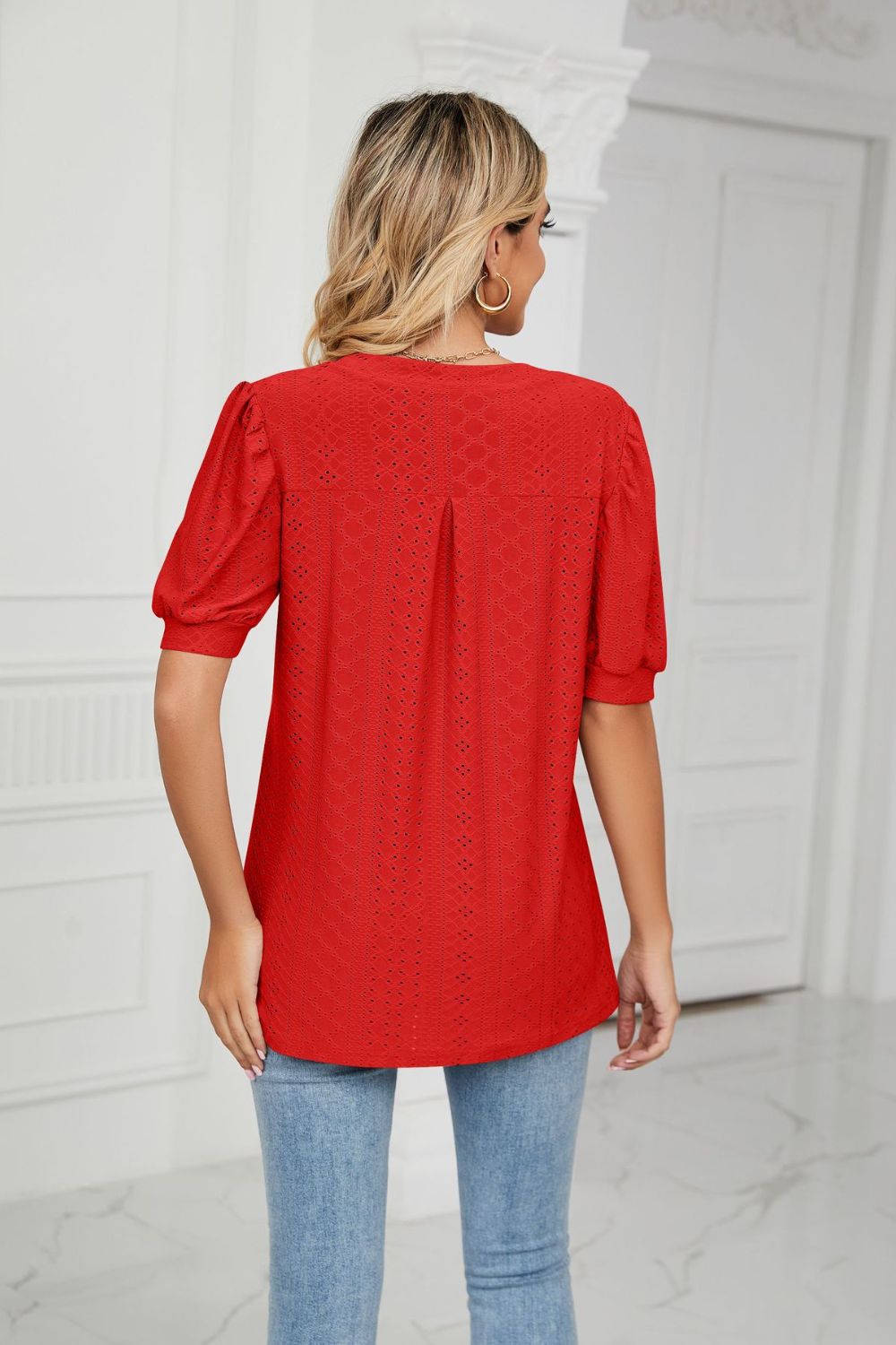 Eyelet Short Puff Sleeve Notched Neck Top (37)