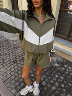 Color-block Zip-up Jacket Shorts Set (12)