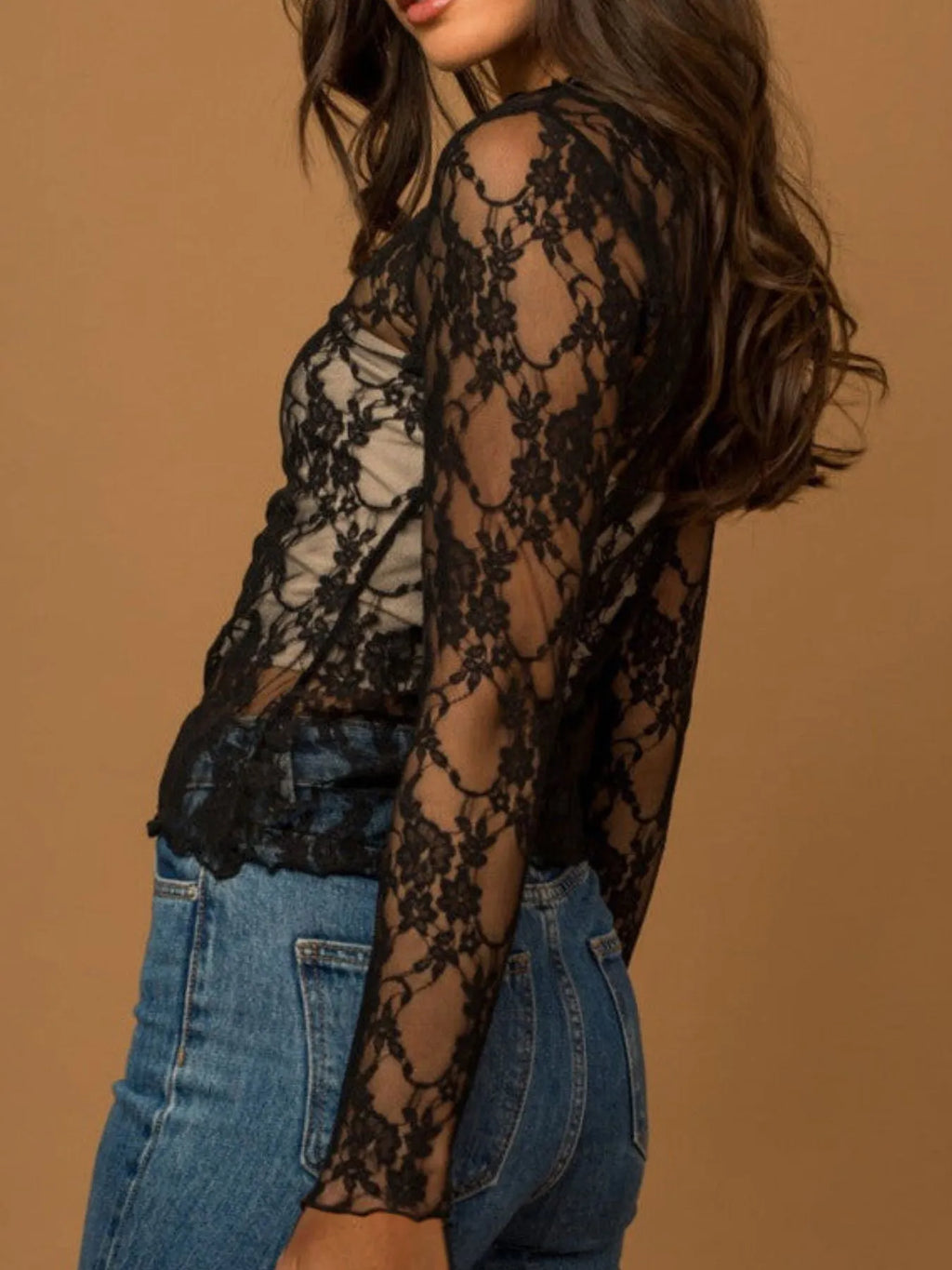 Mesh Floral Lace Long Sleeve T-shirt (10)