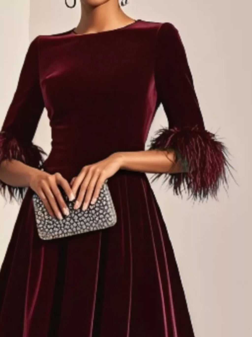 Velvet Midi Dress Feather Cuffs (4)