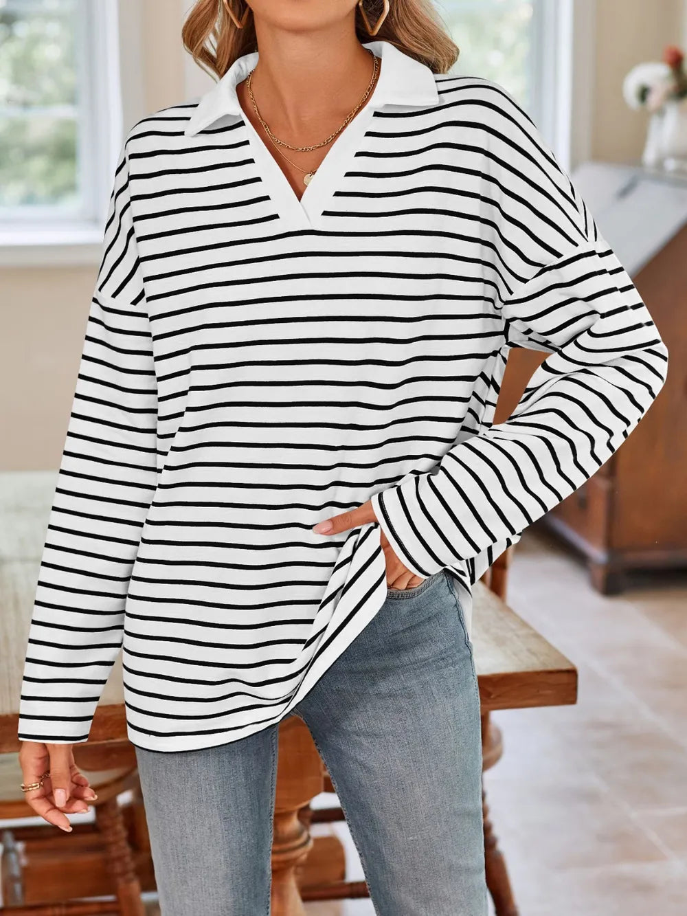 Striped Johnny Collar Long Sleeve T-shirt (7)