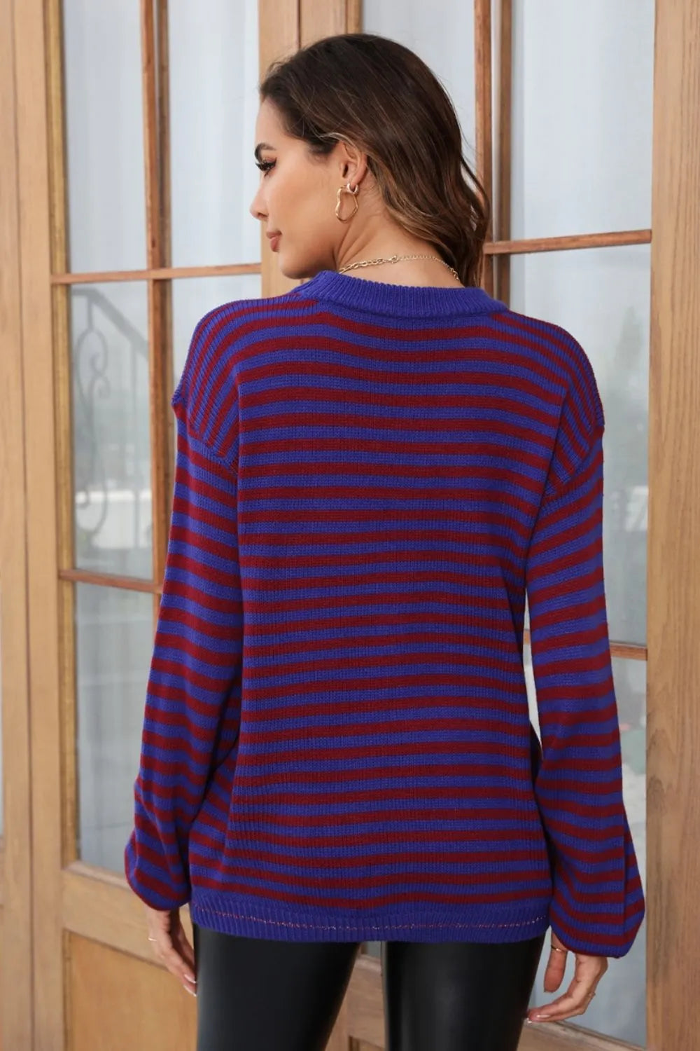 Striped Round Neck Dropped Shoulder Sweater (13)