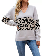 Leopard V-neck Dropped Shoulder Sweater