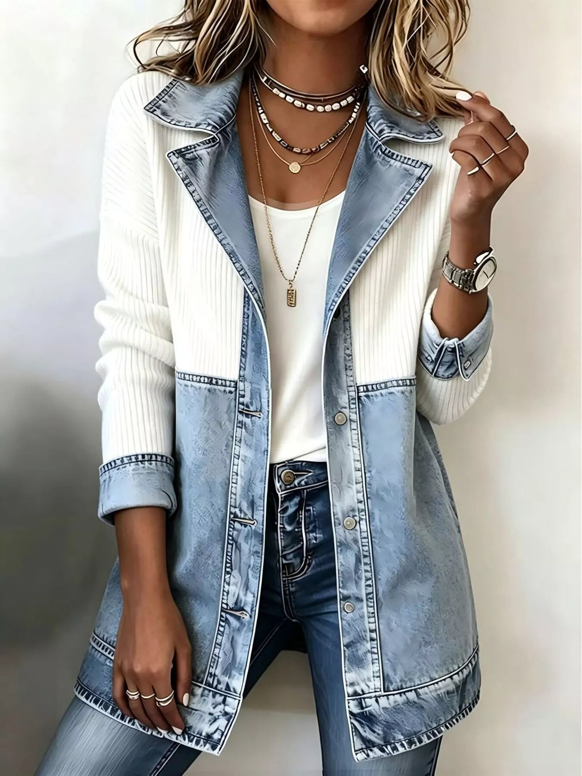 Color-block Denim Knit Patchwork Casual Jacket