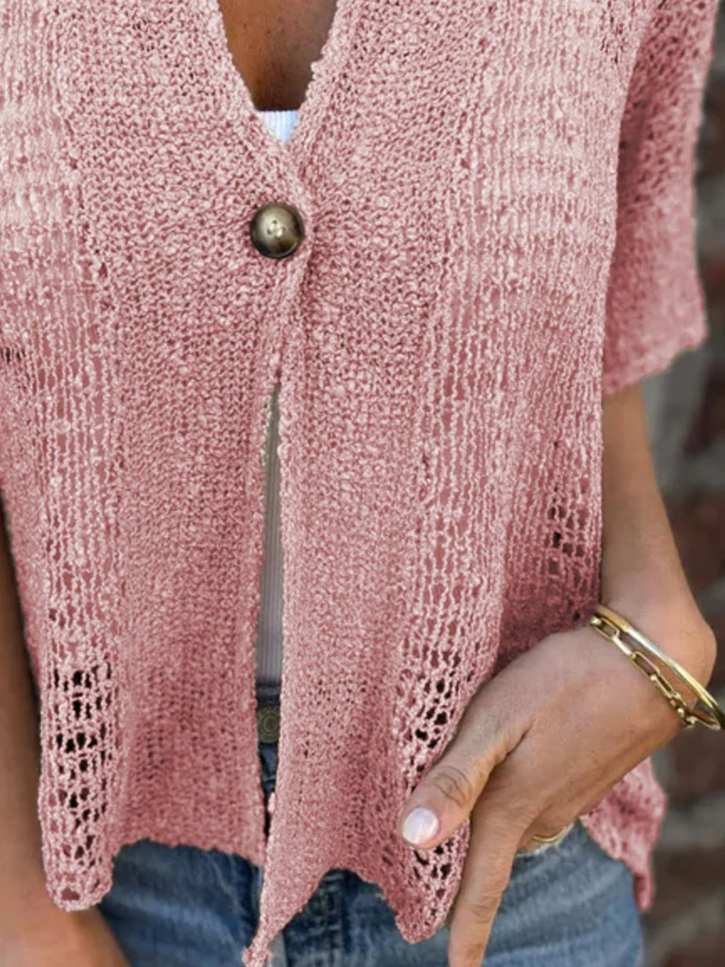 Full Size One Button Half Sleeve Cardigan Plus (19)