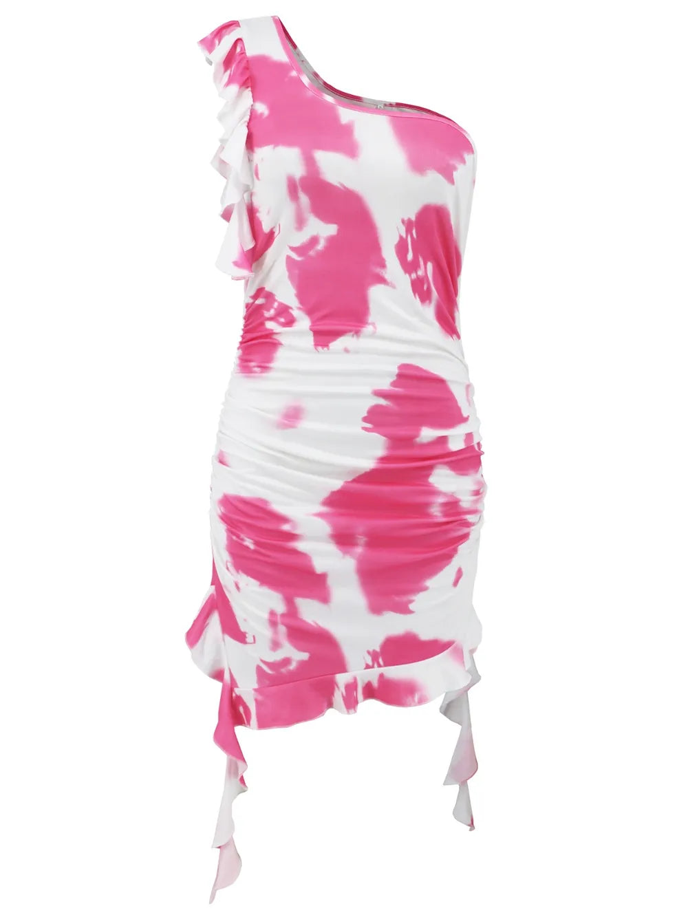 Ruffled Tie-dye Single Shoulder Mini Dress (15)