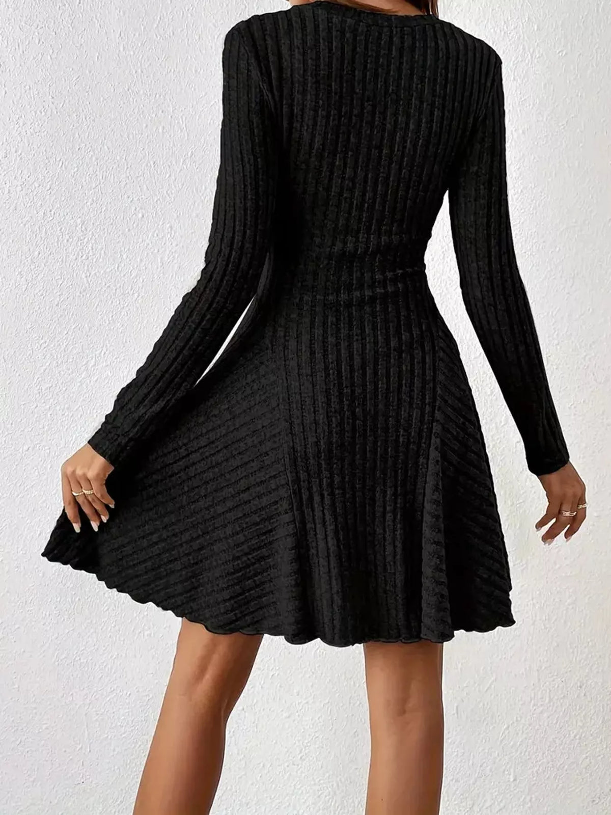 V-neck Ribbed Knit A-line Dress (8)