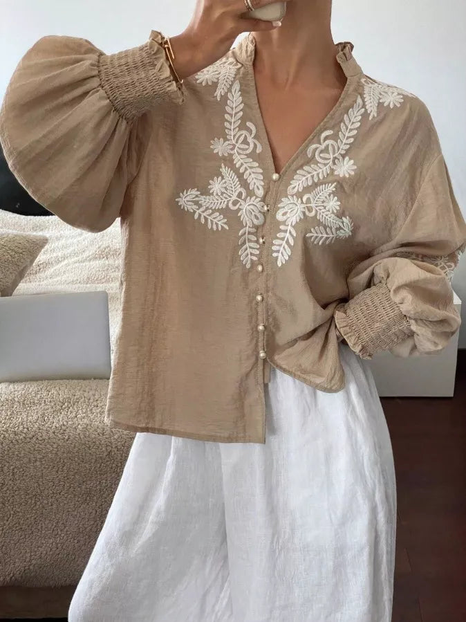 Embroidered Notched Long Sleeve Blouse (22)