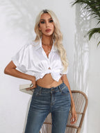 Button Down Collared Neck Short Sleeve Satin Shirt (8)