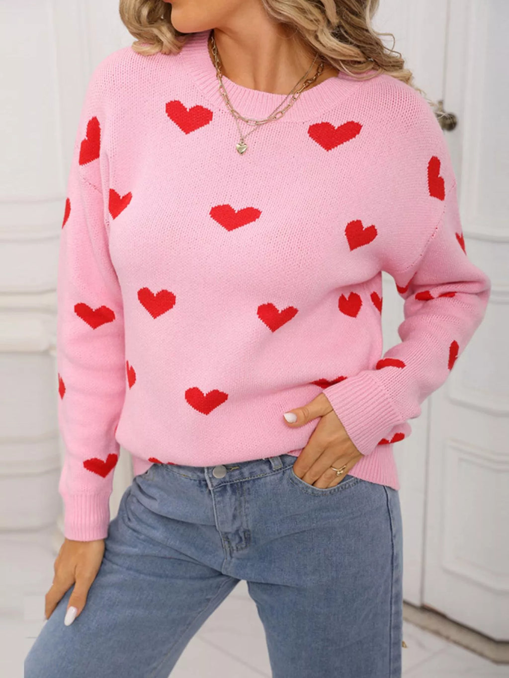 Valentine's Day Heart Pattern Dropped Shoulder Sweater (8)