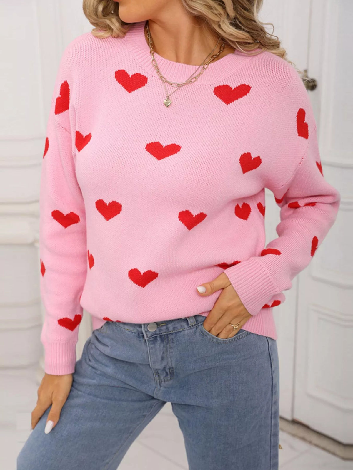 Valentine's Day Heart Pattern Dropped Shoulder Sweater (8)