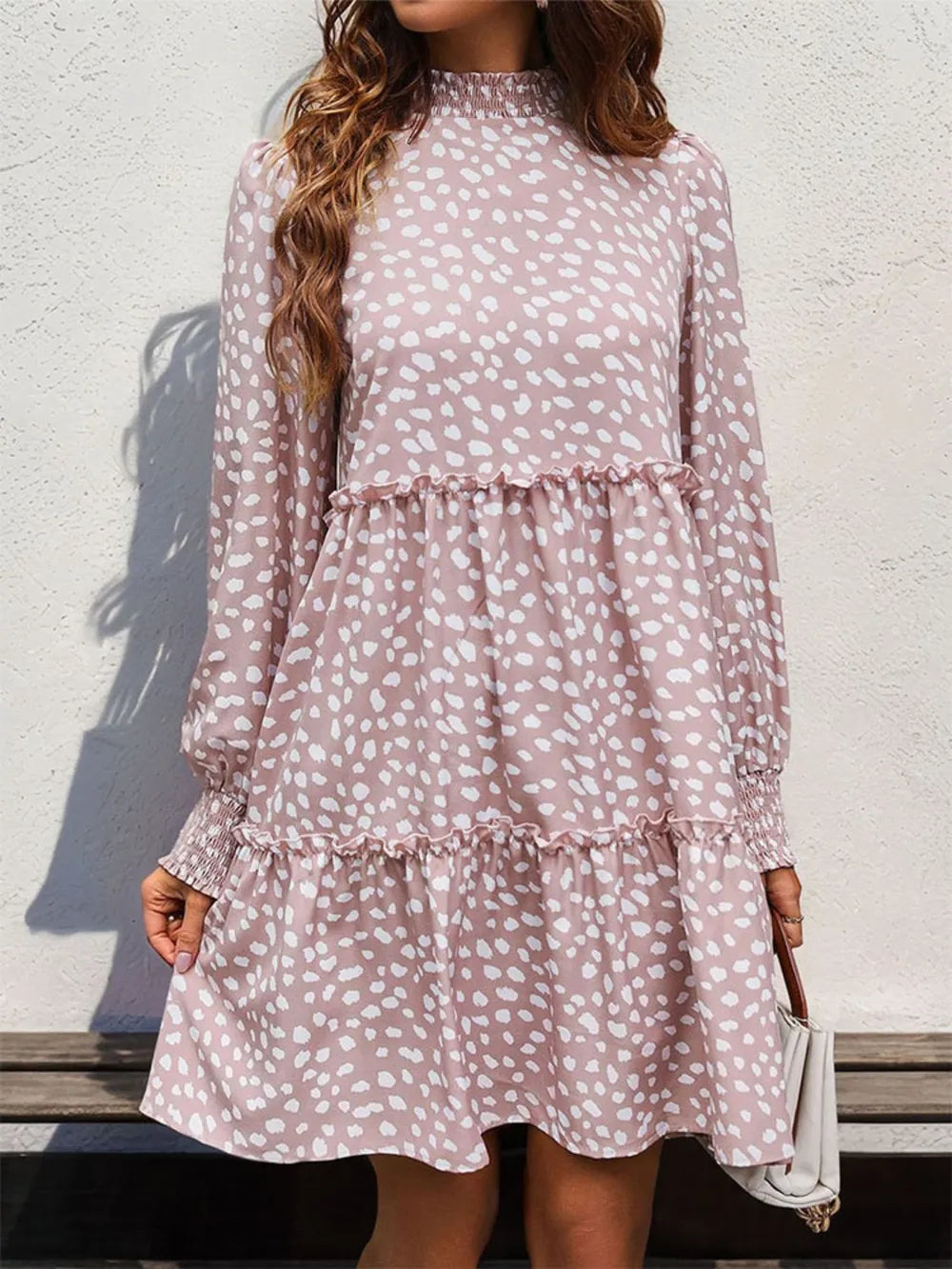 Frill Printed Mock Neck Long Sleeve Mini Dress (3)