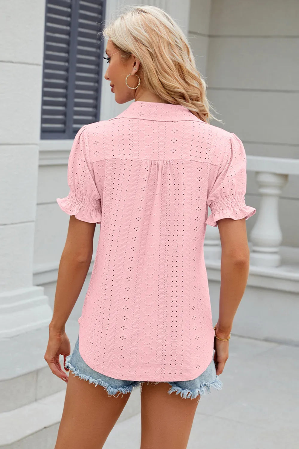 Eyelet Johnny Collar Short Sleeve Blouse (8)