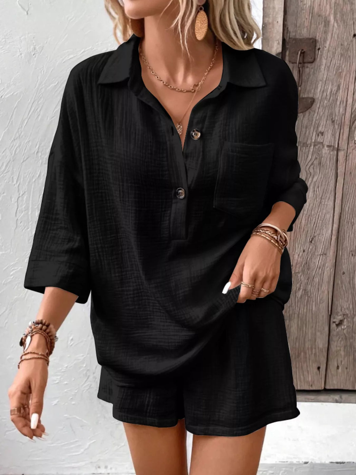 Button Detail Top Shorts Set (9)