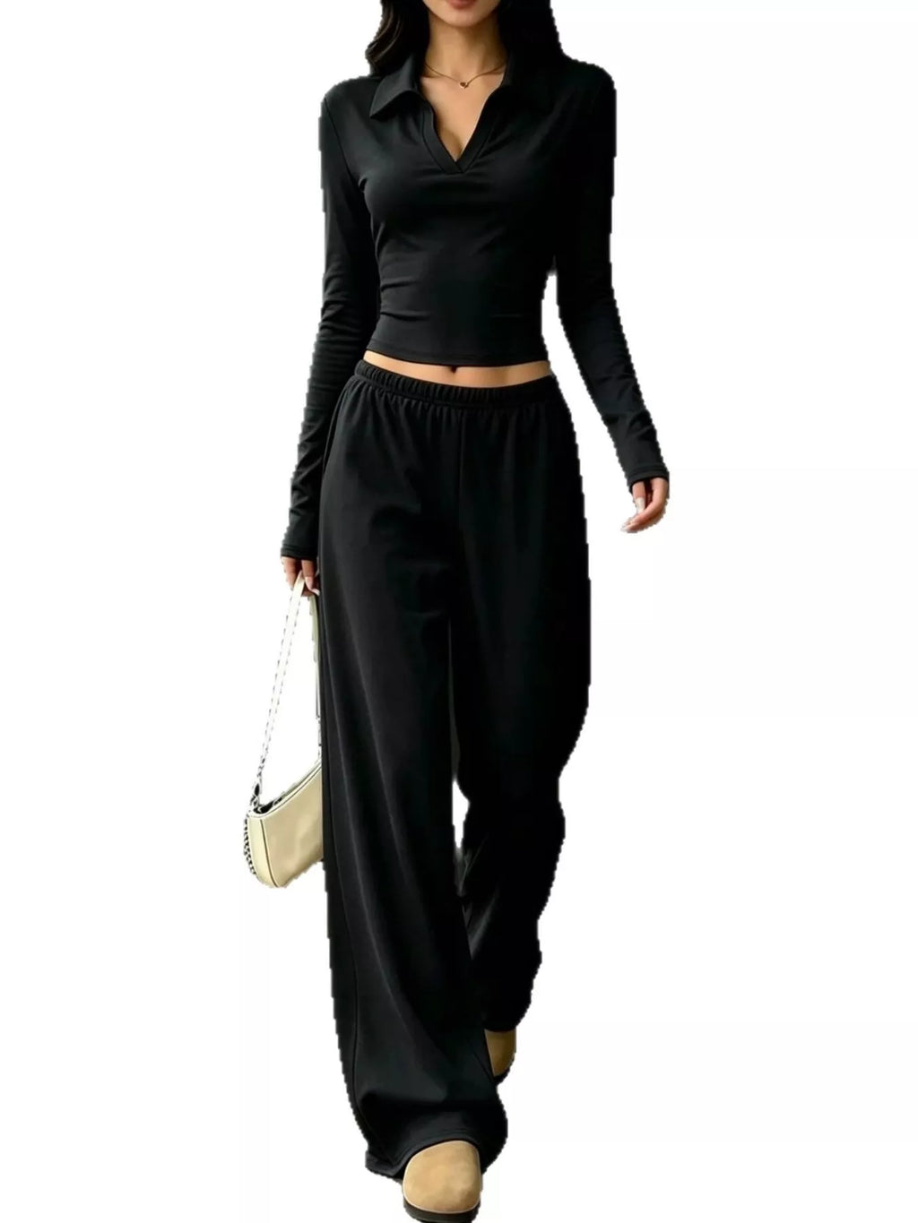 Solid Color Long Sleeve Polo Collar Top Wide Leg Pants Set (7)