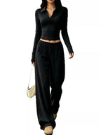 Solid Color Long Sleeve Polo Collar Top Wide Leg Pants Set (7)