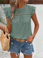 Eyelet Round Neck Cap Sleeve Top (13)
