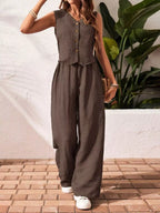 Button-down Vest Wide Leg Pants Set