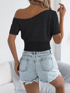 Openwork Single Shoulder Short Sleeve Knit Top (25)