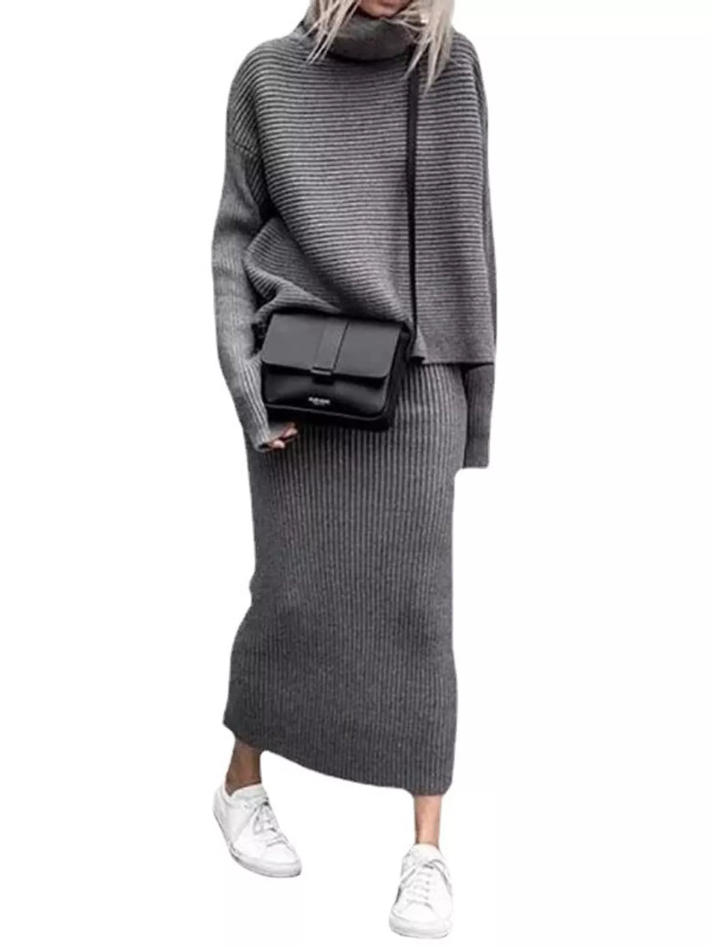 Ribbed Turtleneck Sweater Set Matching Midi Skirt (22)
