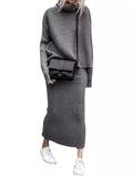 Ribbed Turtleneck Sweater Set Matching Midi Skirt (22)