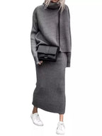Ribbed Turtleneck Sweater Set Matching Midi Skirt (22)