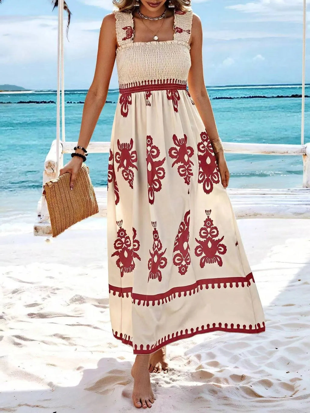 Smocked Printed Wide Strap Maxi Dress (30)