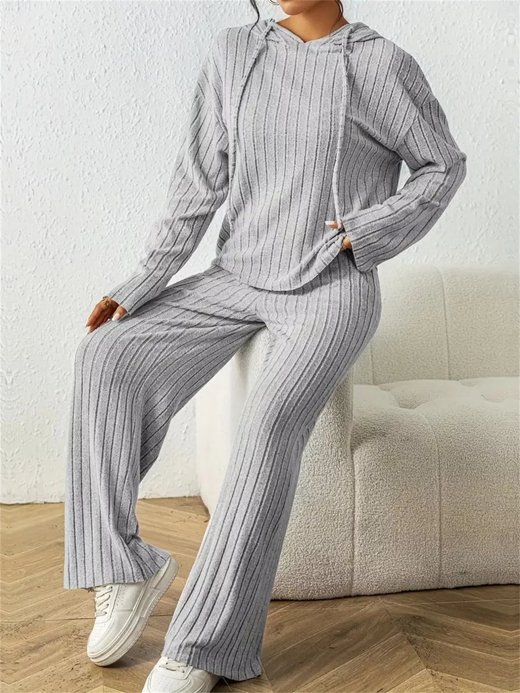 Ribbed Drawstring Hoodie Pants Set (2)