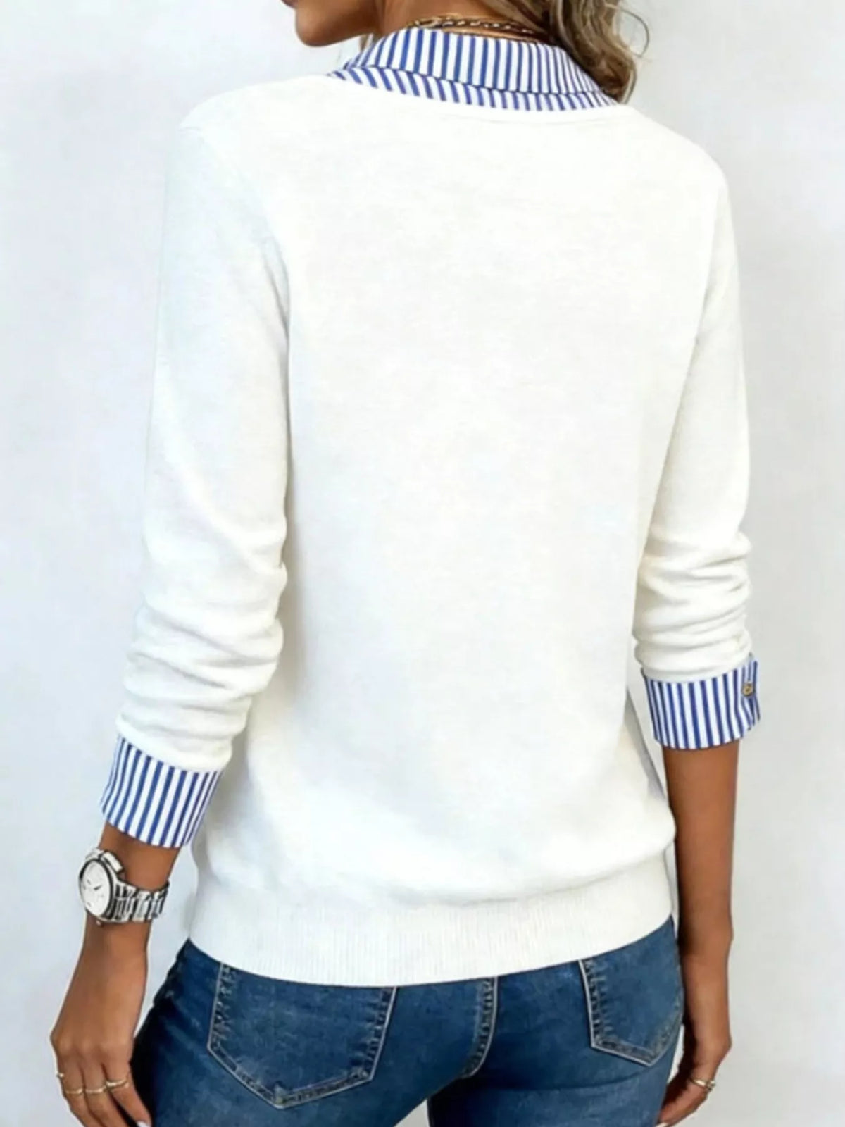 Layered Look Striped Collar Long Sleeve Top (2)