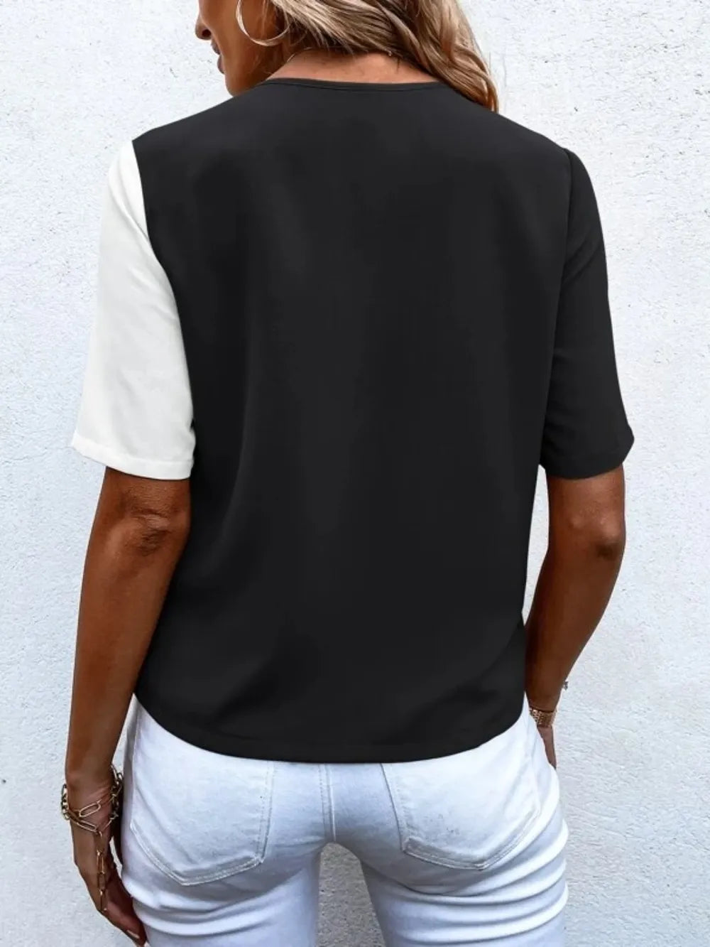 Decorative Button Surplice Short Sleeve Blouse (3)