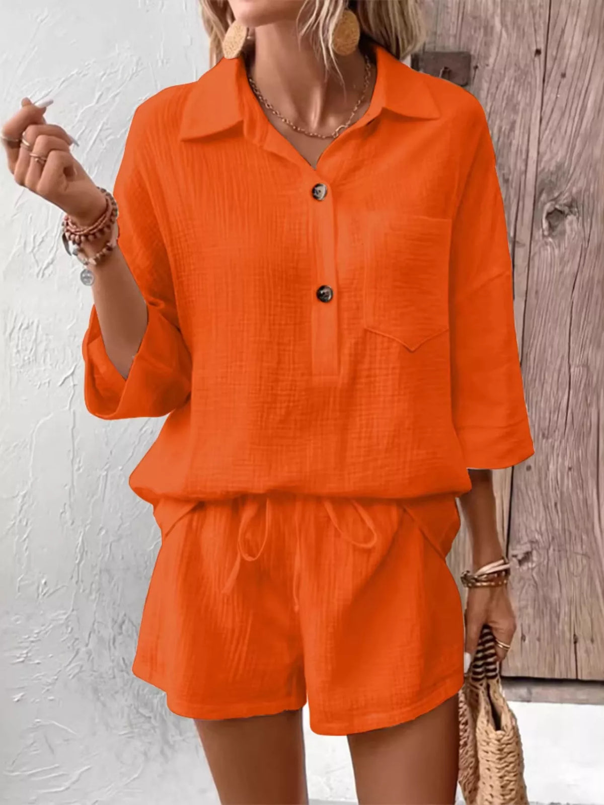 Button Detail Top Shorts Set (17)