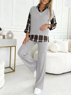 Ribbed Knit Plaid Sleeve Top Pants Set (3)