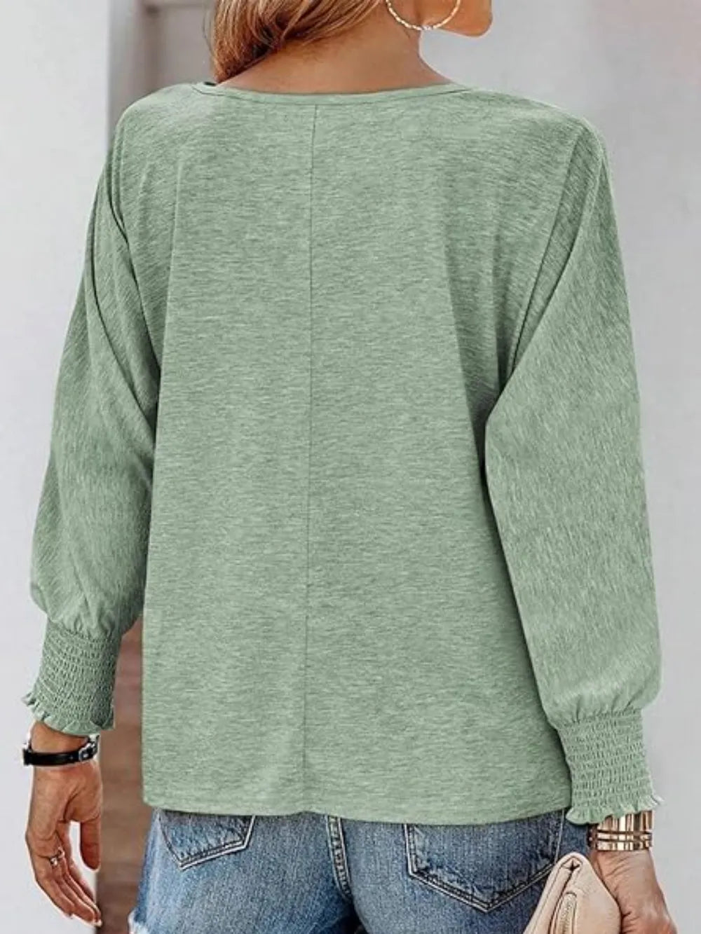 Round Neck Smocked Lantern Sleeve T-shirt (13)