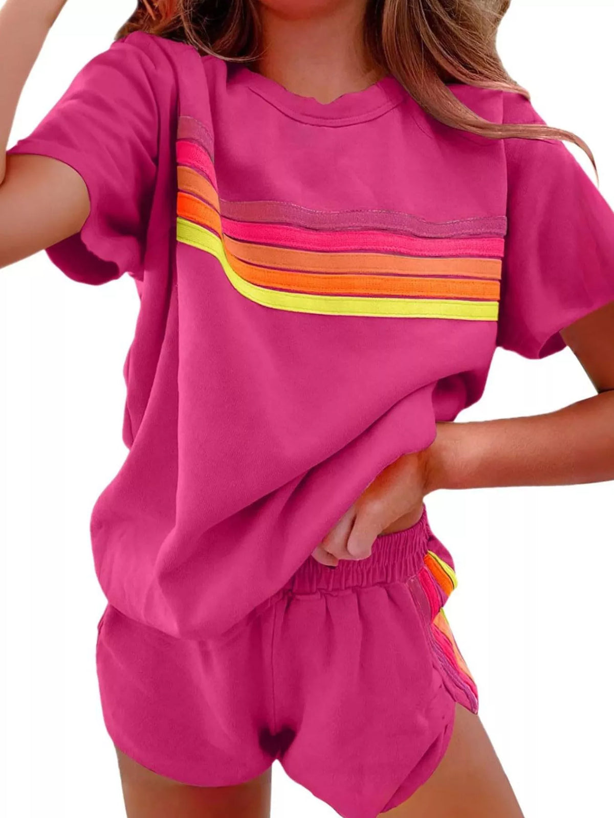 Rainbow Striped Round Neck Top Shorts Set (10)