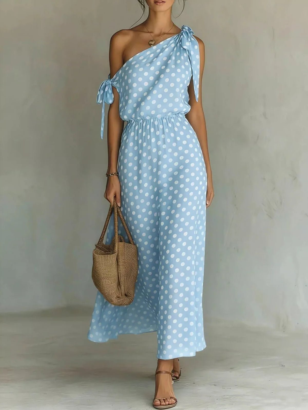 Full Size Polka Dot One-shoulder Maxi Dress Tie Details Plus (3)