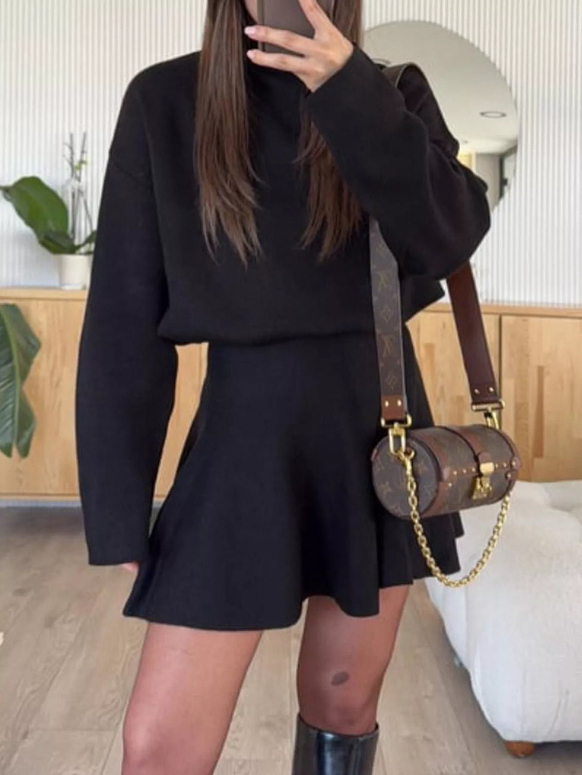 Turtleneck Dropped Shoulder Sweater Skirt Set (5)