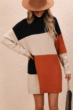 Block Mock Neck Dropped Shoulder Sweater Dress (3)