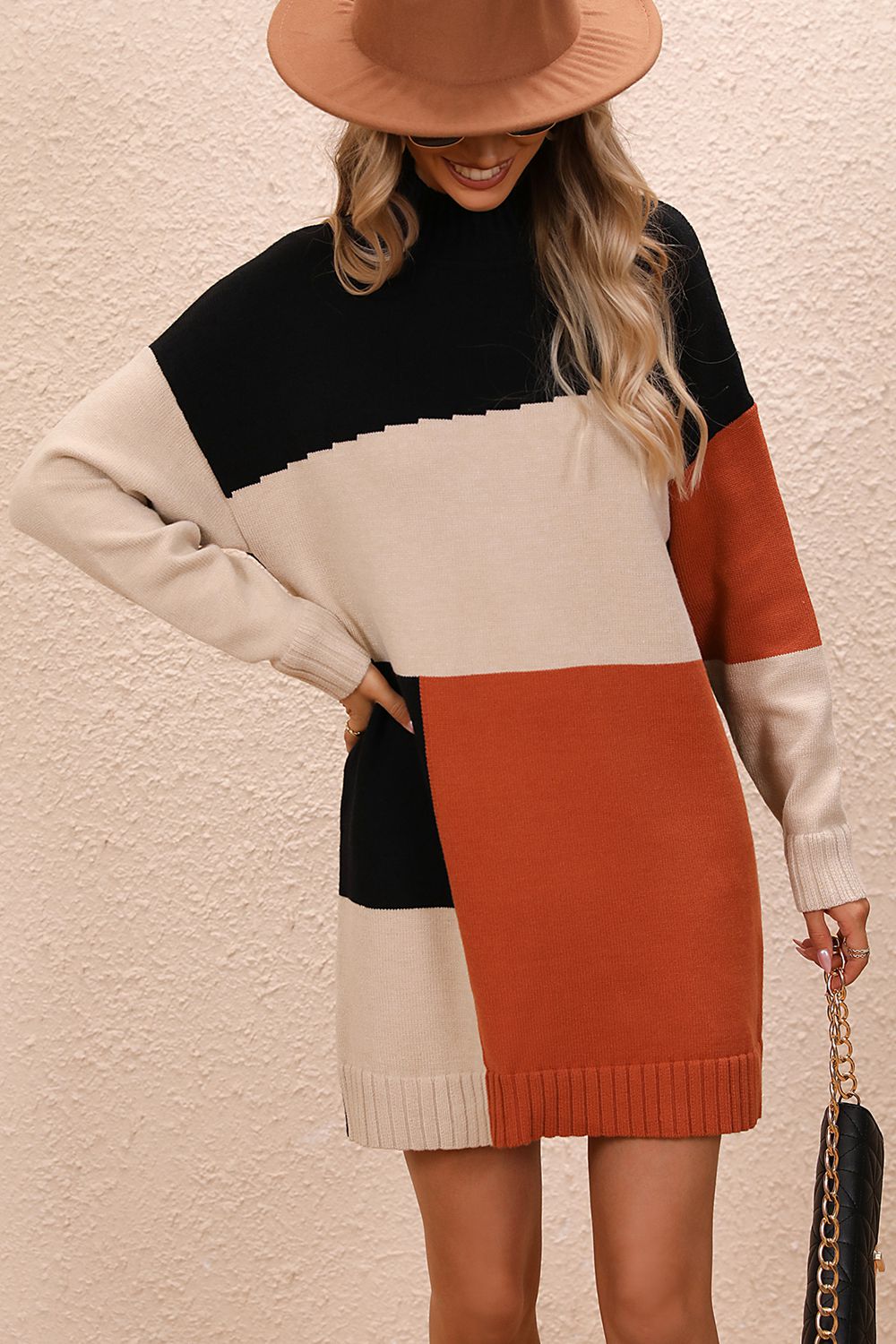 Block Mock Neck Dropped Shoulder Sweater Dress (3)