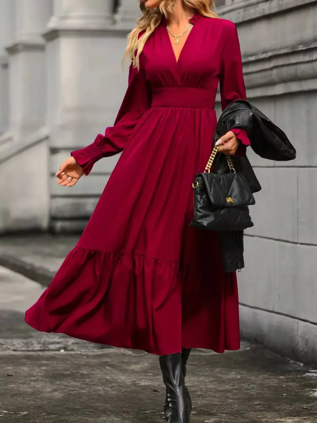 Surplice Long Sleeve Tiered Midi Dress (3)