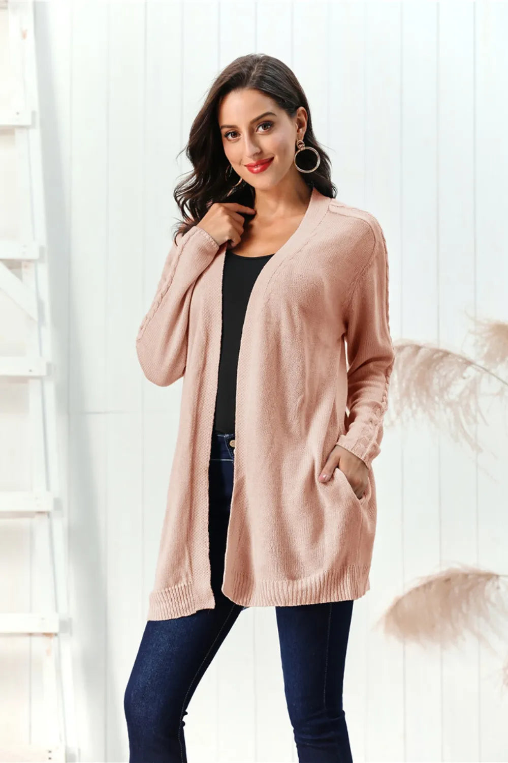 Cable-knit Open Front Long Sleeve Cardigan (3)