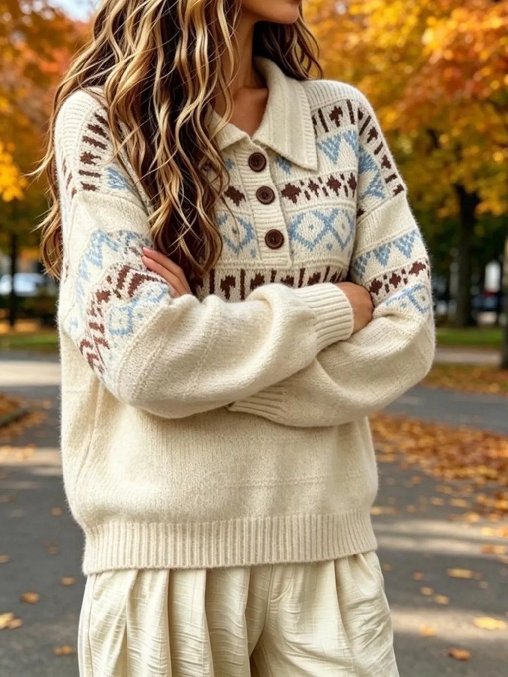 Full Size Vintage Fair Isle Pattern Polo Collar Sweater Plus (4)