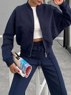 Baseball Collar Zip Up Outerwear Drawstring Pants Set (20)