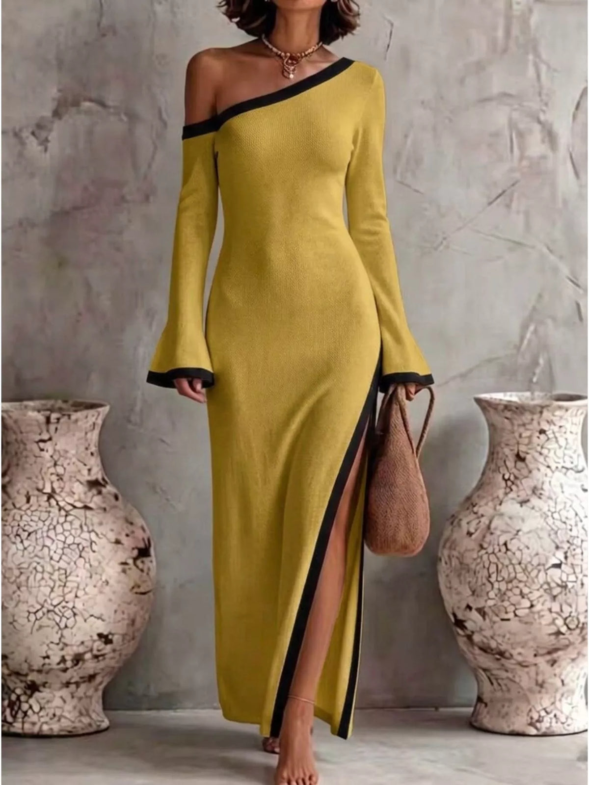 Slit One-shoulder Contrast Trim Maxi Dress (5)
