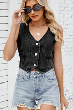 Button Down V-neck Denim Vest (2)