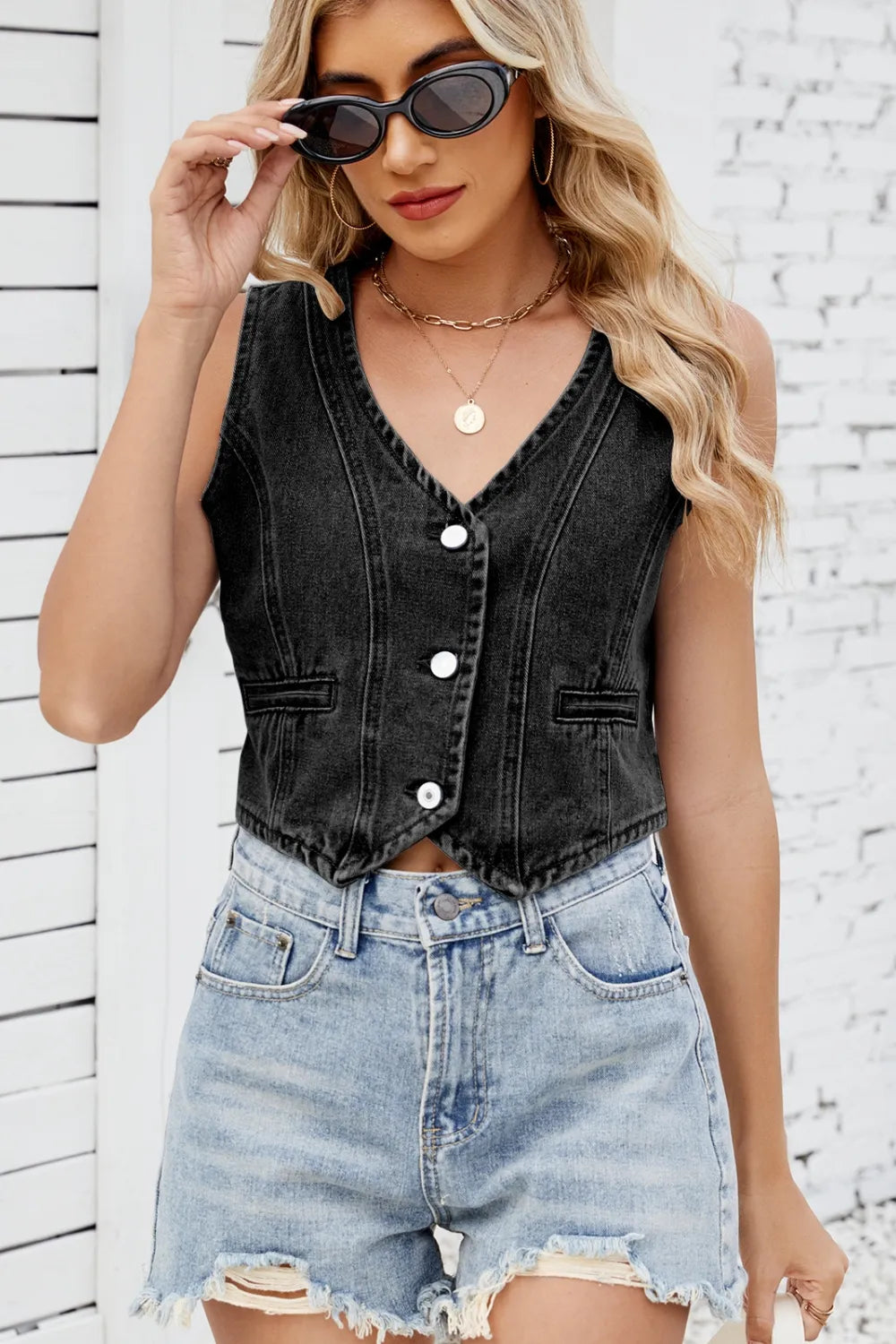 Button Down V-neck Denim Vest (2)