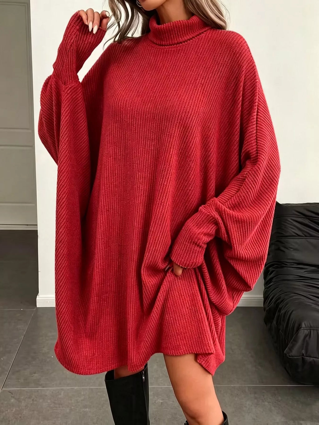 Oversized Batwing Sleeve Ribbed Knit Turtleneck Dress (11)