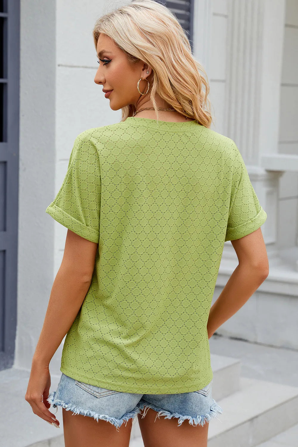 Eyelet Notched Short Sleeve T-shirt (28)