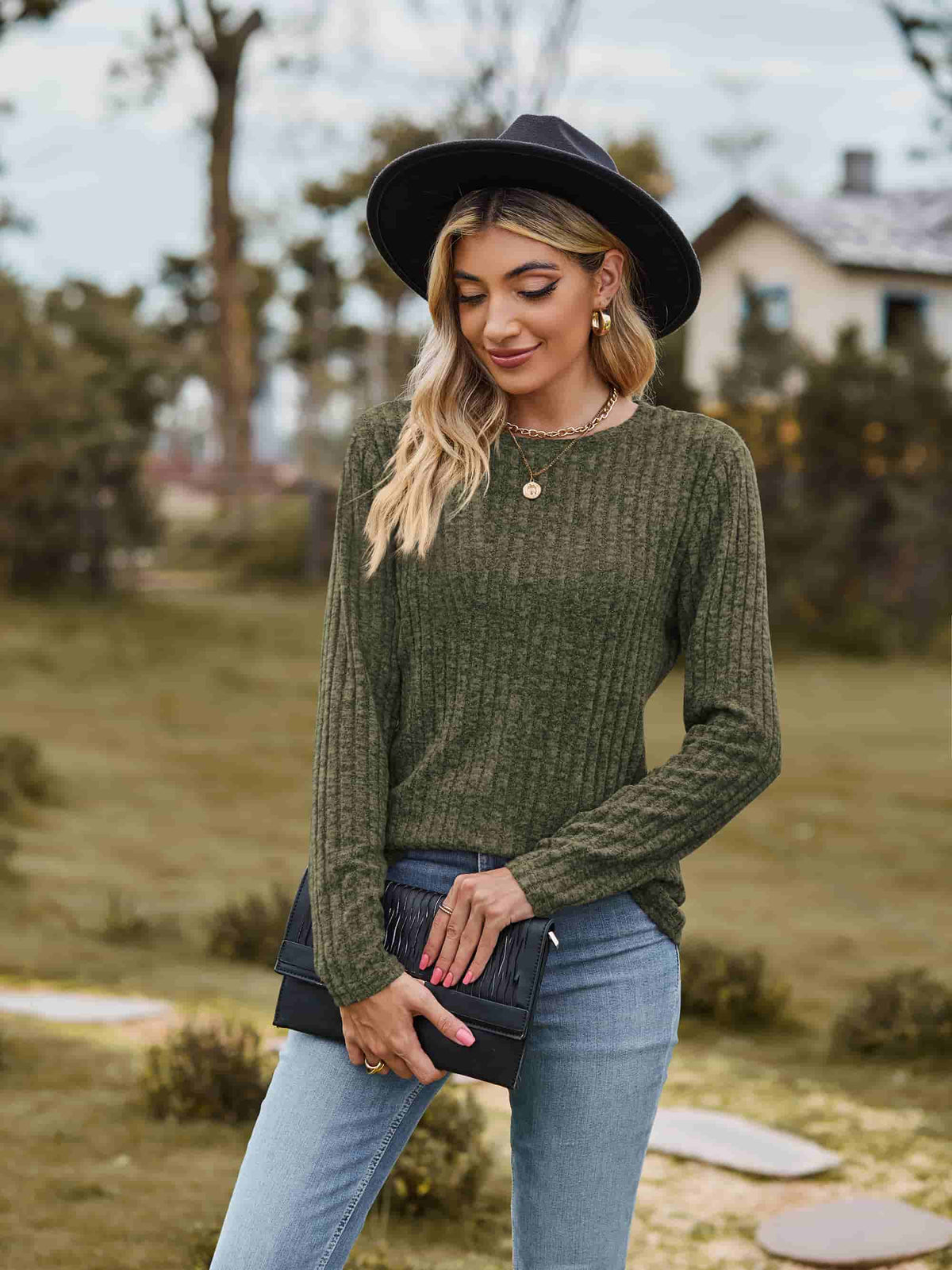Ribbed Round Neck Long Sleeve Tee (27)