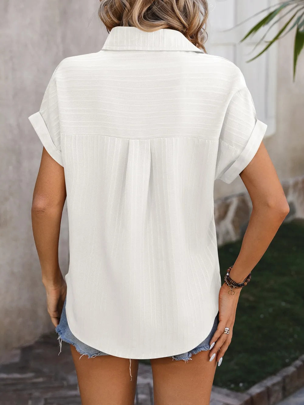 Textured Button Up Cap Sleeve Shirt (24)