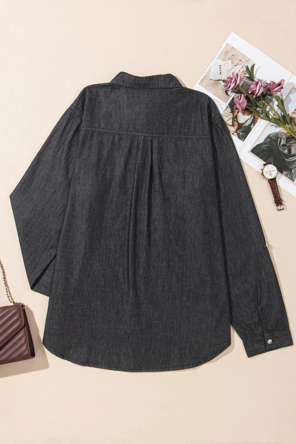 Pocketed Collared Neck Long Sleeve Denim Top (15)